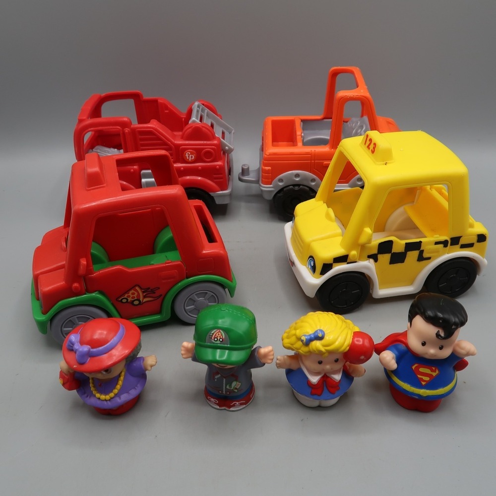 Set‎ Of 4 Fisher Price Little People & Vehicles Fire Truck Pizza Delivery Truck